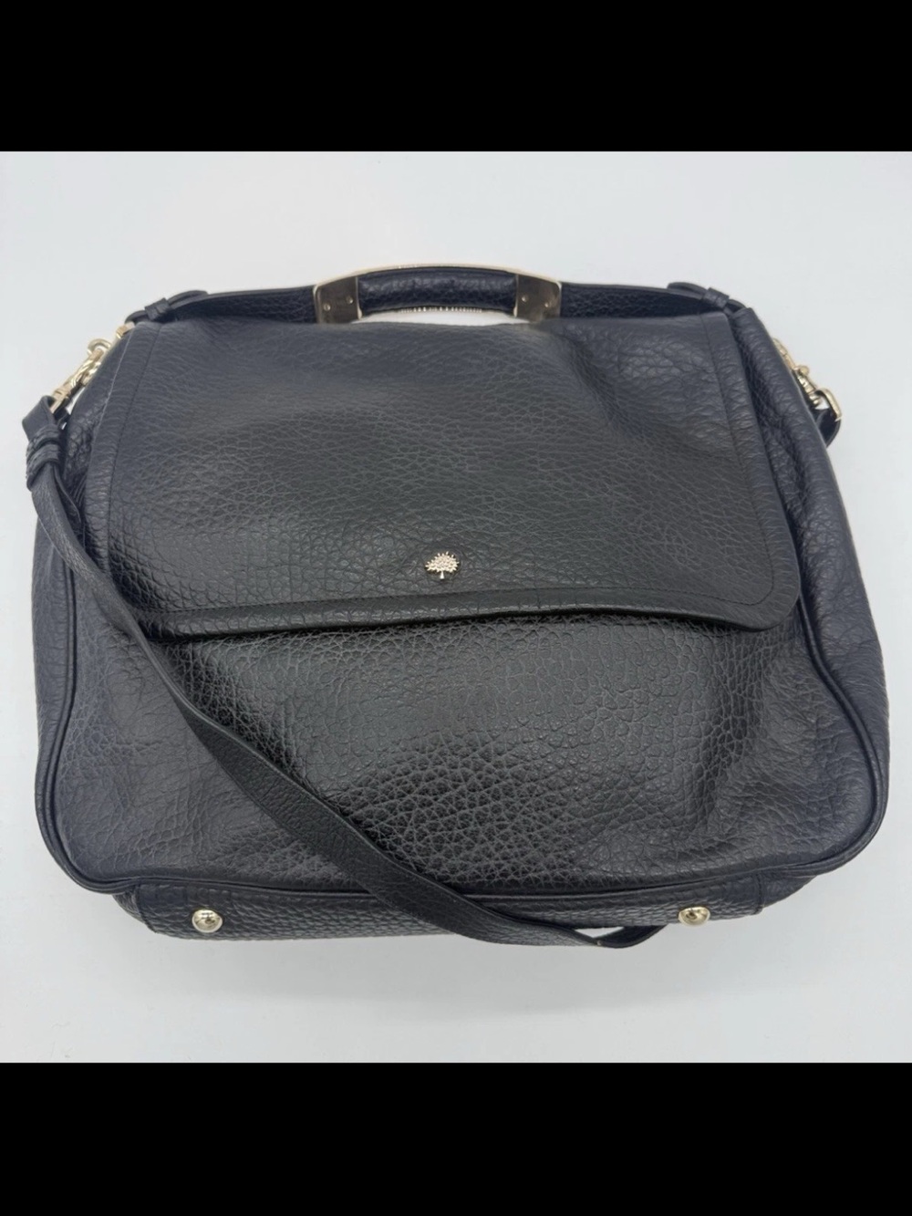 Mulberry Black Pebbled Leather Messenger Bag with Gold Accents